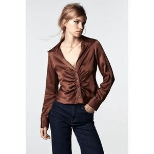 Zara Women's Ruched Button Down Blouse in Brown Satin size Medium